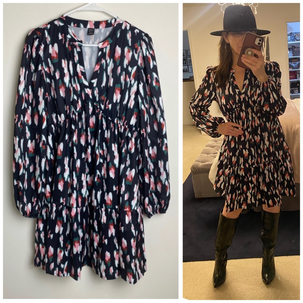 *NWOT* LONG SLEEVE SMOCK DRESS Notched Neck Black Multi Print Ruffle Hem SMALL